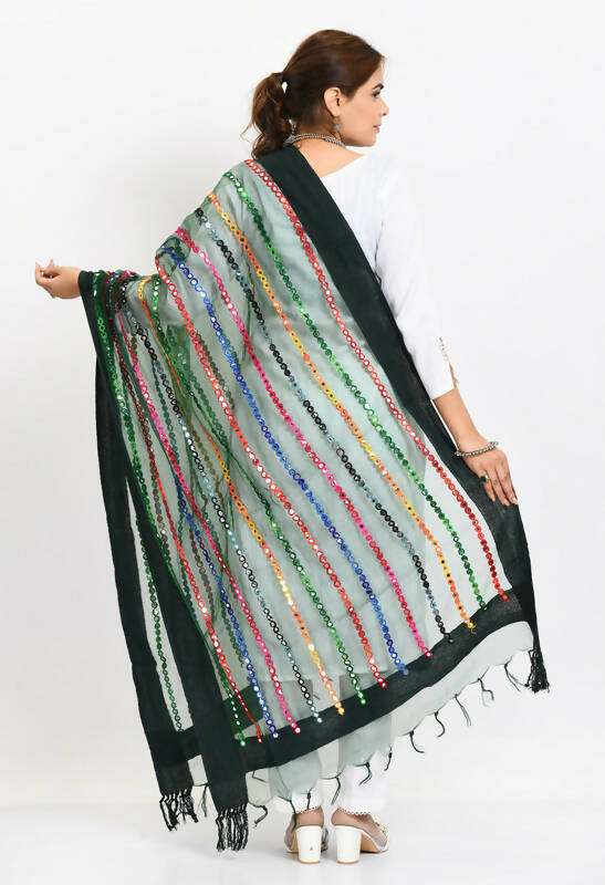 Mominos Fashion Moeza Women's Orgenza Multi Thread Mirror Work Bottle Green Dupatta | Grocsy