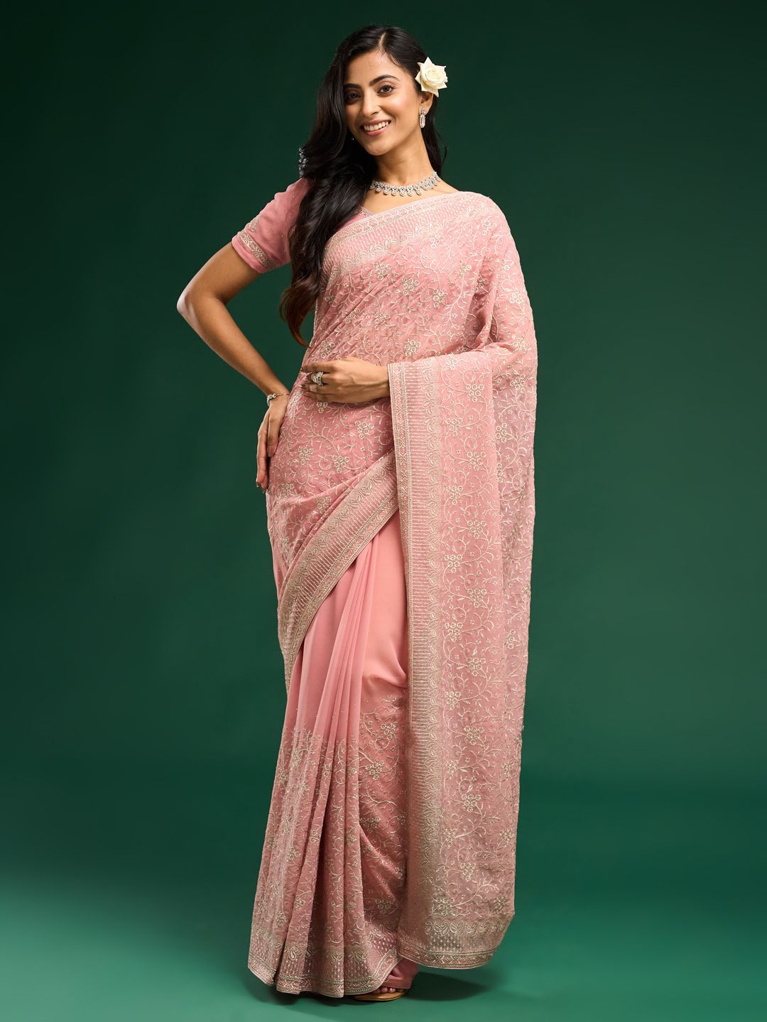 kasee Floral Embroidered Pure Georgette Saree | Grocsy