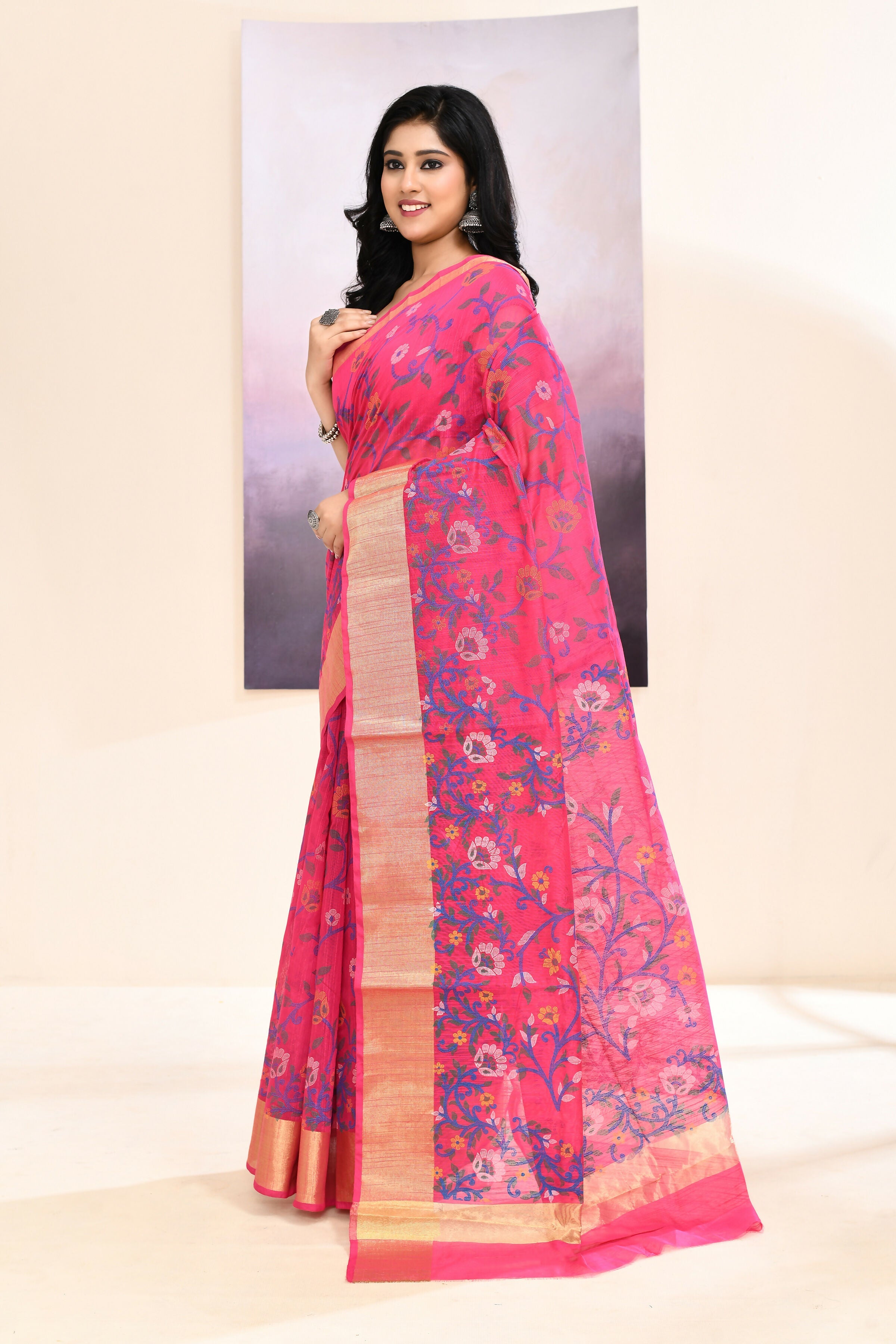 Piyari Fashion Women's Pink Embellished Cotton Blend Printed Saree | Grocsy