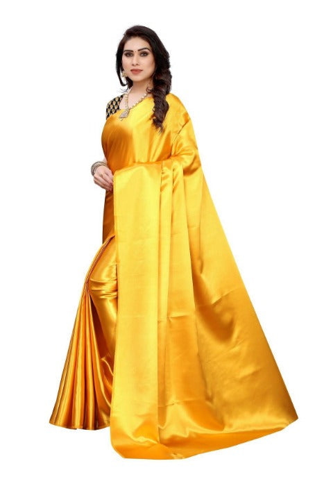 Vamika Plain Yellow Satin Saree (SATIN GLORY Yellow) | Grocsy