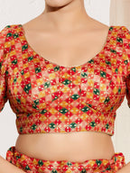 Joban Fashion Red Jacquard Padded Blouse With Round Neck Elbow Sleeves | Grocsy