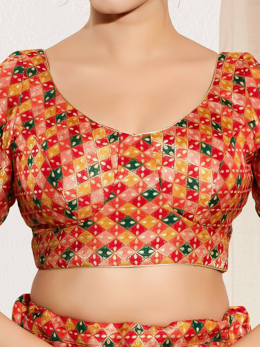 Joban Fashion Red Jacquard Padded Blouse With Round Neck Elbow Sleeves | Grocsy