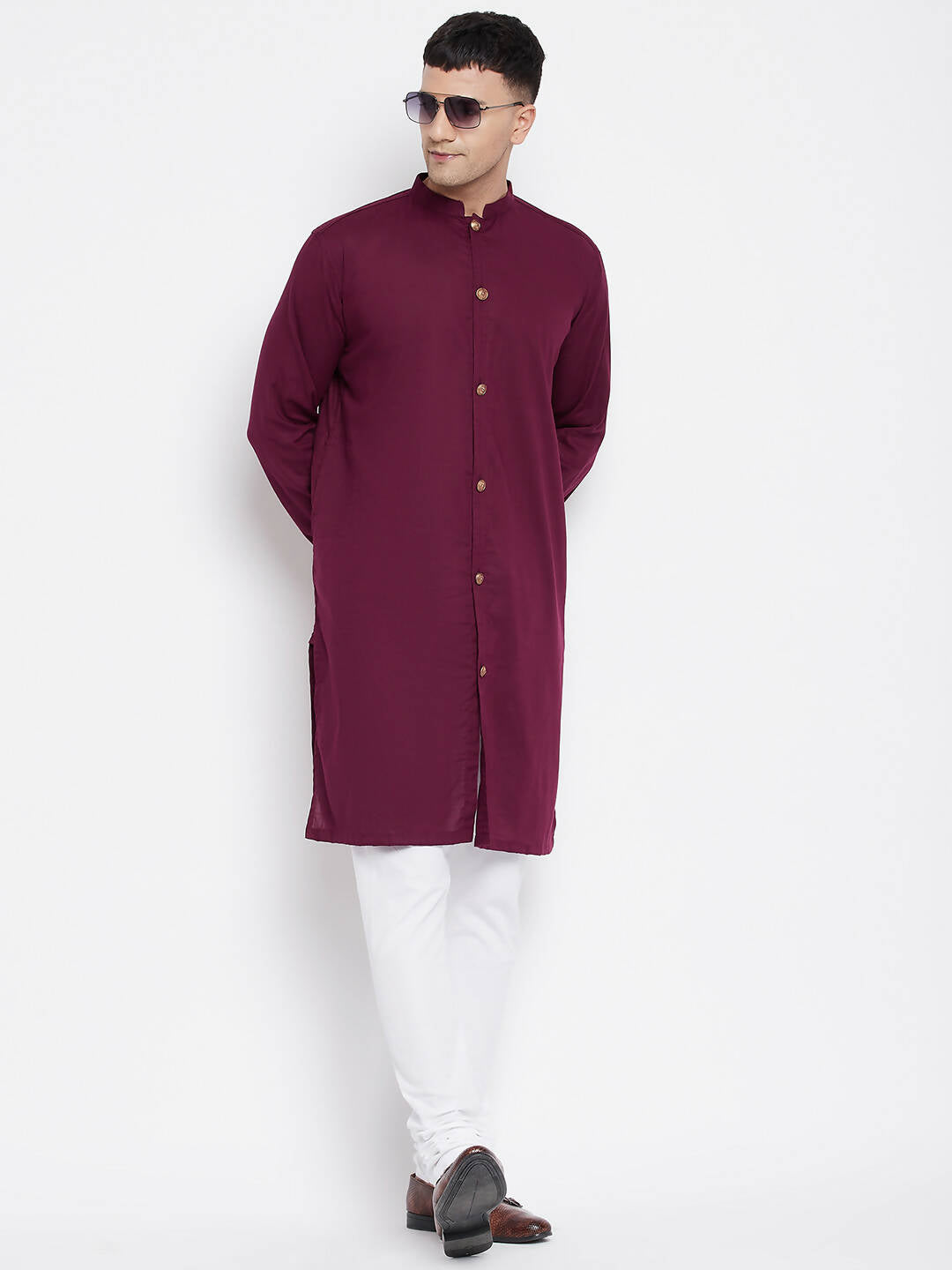 Even Apparels Maroon Pure Cotton Men's Sherwani Kurta With Open Front | Grocsy