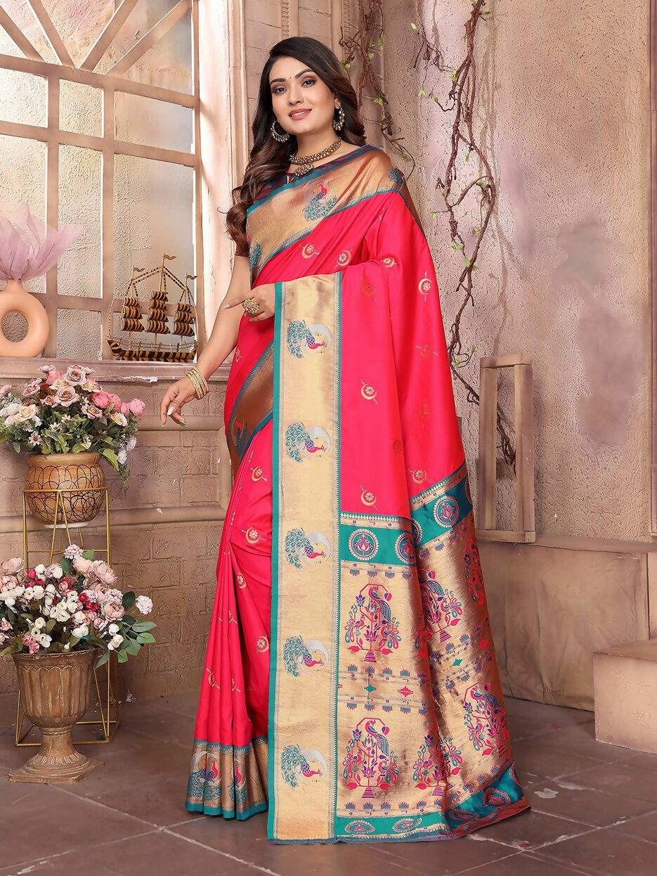Joban Fashion Paithani Hot Pink Woven Soft Silk Saree | Grocsy