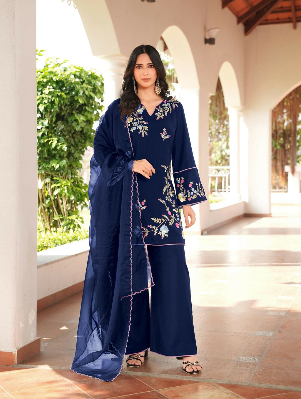 Nikhaar Navy Blue Embroidered Art Silk Stitched Straight Cut Kurta Culottes Dupatta Readymade Suit | Grocsy