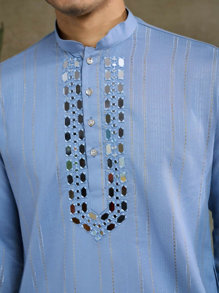 Vastranavya Light Blue Exclusive Viscose Silk Festival Wear Real Mirror Work Kurta with Dupatta | Grocsy