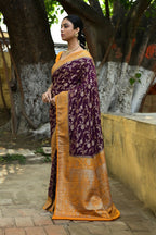 Joban Fashion Purple Crepe Chiffon Pure Handloom Banarasi Silk Saree | Grocsy