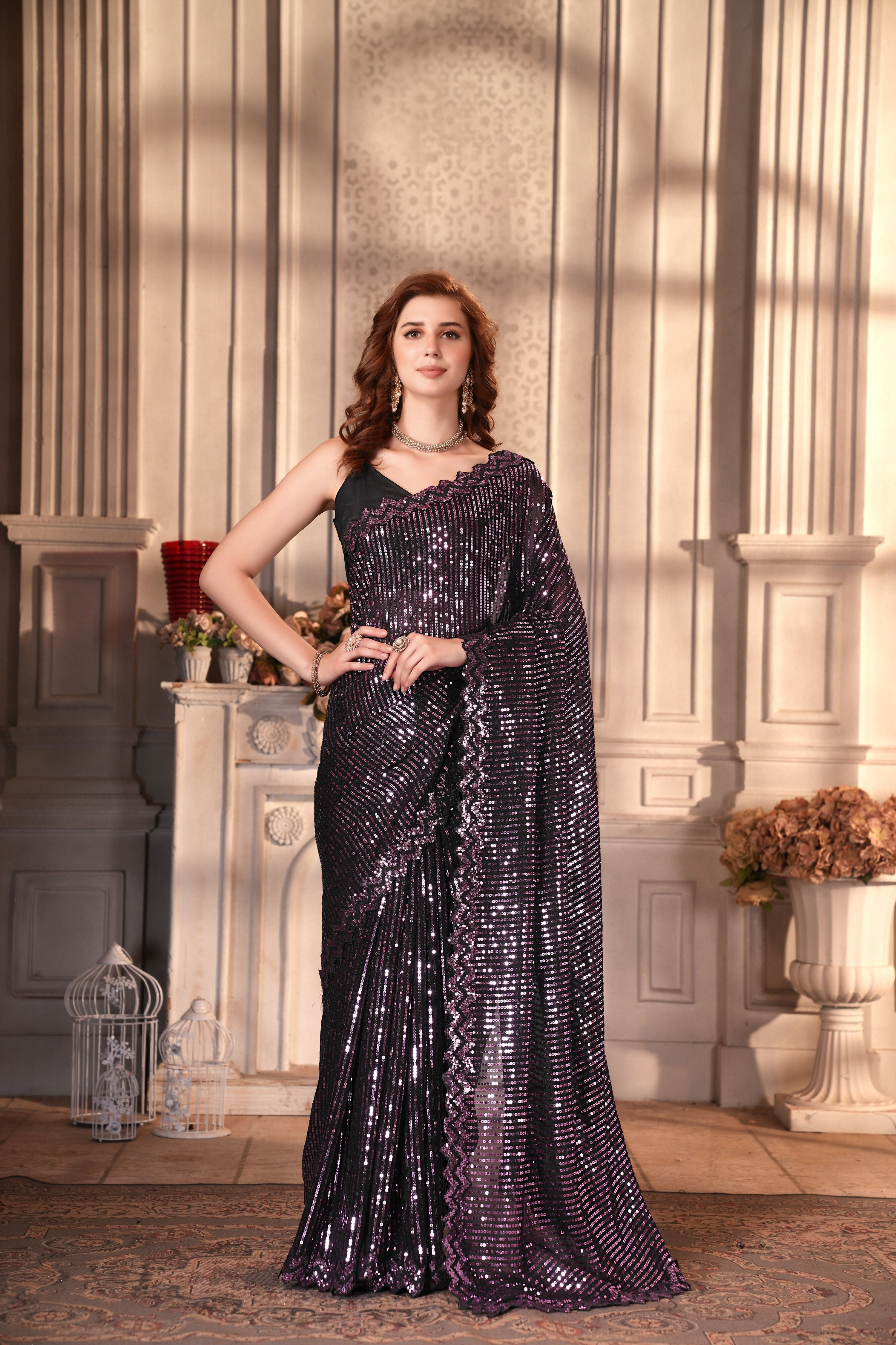 Dishitha Creation Indian Women's Designer Georgette Sequence Saree - Purple | Grocsy