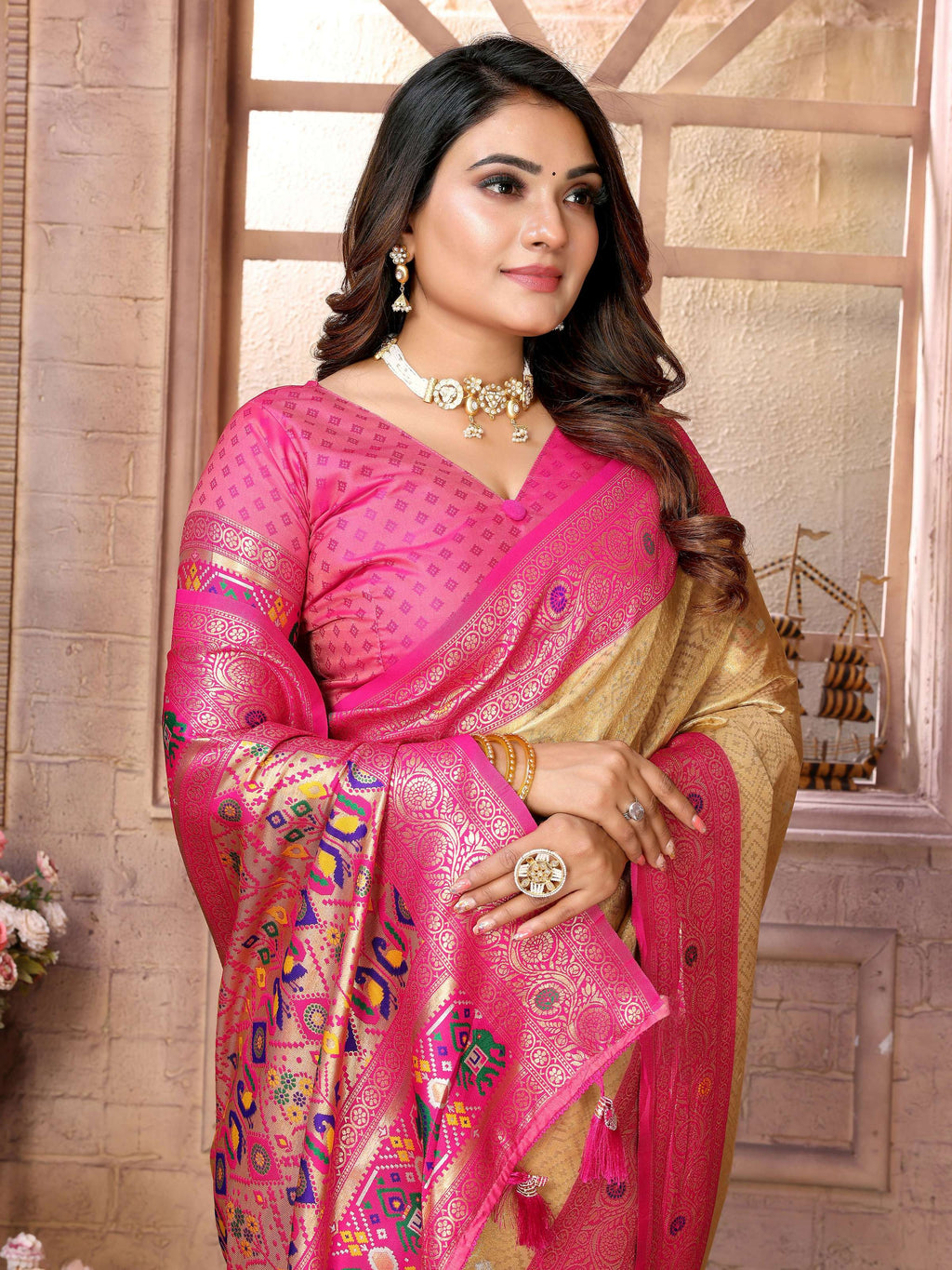 Aastha Fashion Cream Banarasi Tissue Silk Weaving Saree | Grocsy