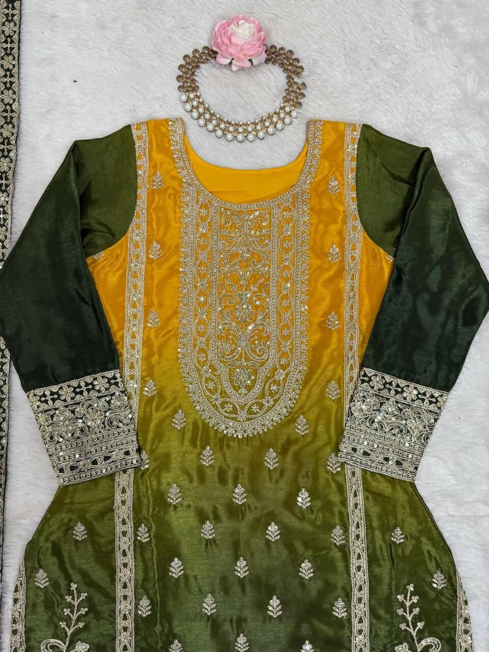 The52 Women's Gorgeous Chinon silk Fabric Embroidery Work Straight Kurta Palazzo and Dupatta Set | Grocsy
