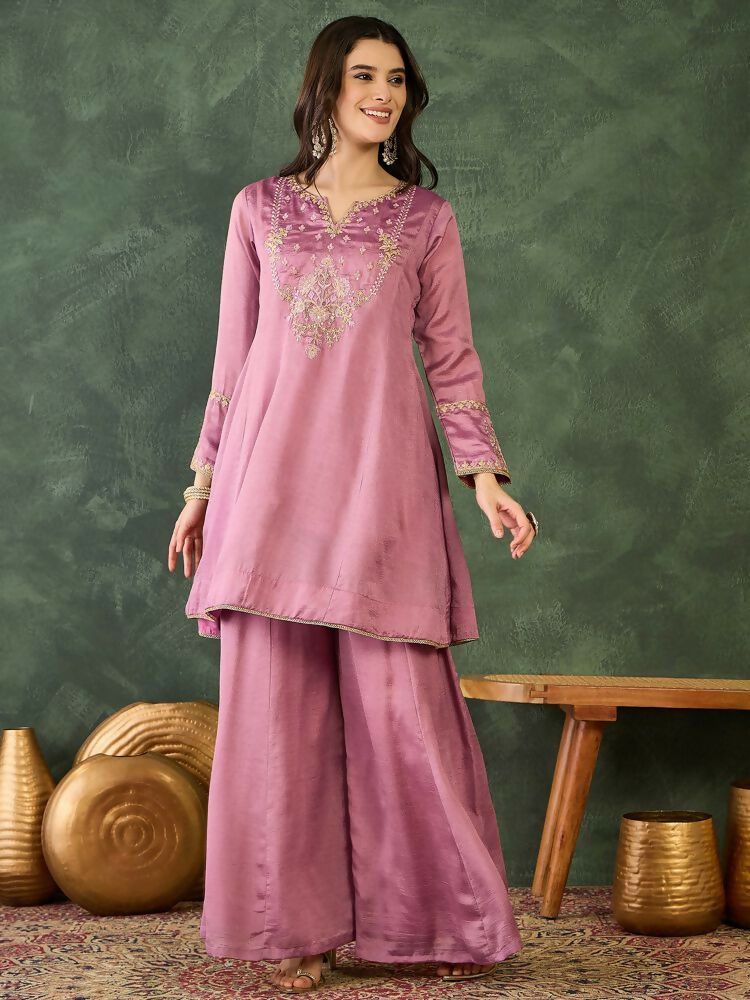 The52 Women's Gorgeous Embroidery Work Viscose Silk Fabric A-line Kurta Sharara and Dupatta Set | Grocsy
