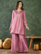 The52 Women's Gorgeous Embroidery Work Viscose Silk Fabric A-line Kurta Sharara and Dupatta Set | Grocsy