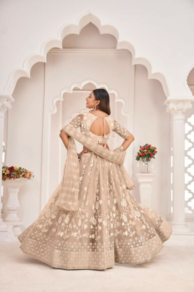 Aastha Fashion Dusty Chiku Butterfly Net White Cotton Thread Work, Zari Work And Sandwich Sequence Work Embroidery Wedding Wear Lehenga Choli | Grocsy