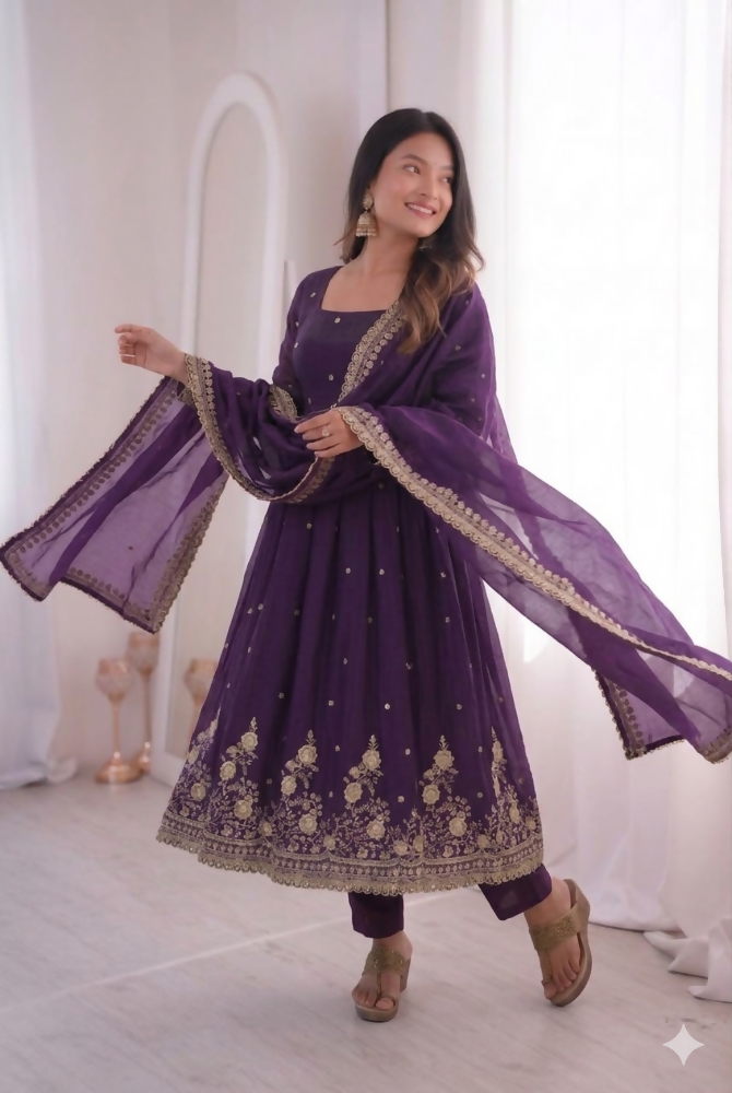 Teeya Creation Womens New Latest Trendy Elegant Dark Blue Embroidered Anarkali Suit Set with Scalloped Dupatta | Grocsy