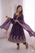 Teeya Creation Womens New Latest Trendy Elegant Dark Blue Embroidered Anarkali Suit Set with Scalloped Dupatta | Grocsy