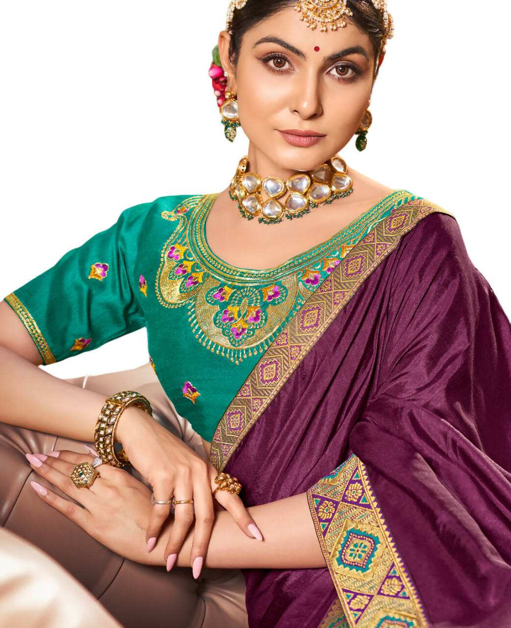 Purple Solid Vichitra Saree With Unstitched Blouse Piece - Selena | Grocsy