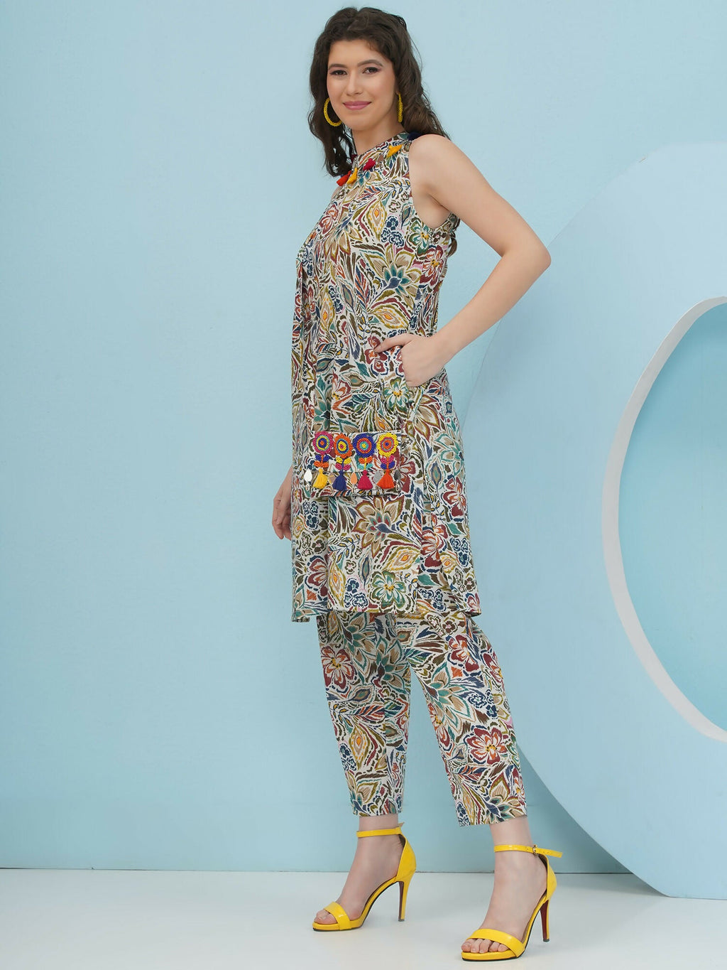 Joban Fashion Floral Co Ord Set With Embellished Sling Bag - Multi | Grocsy
