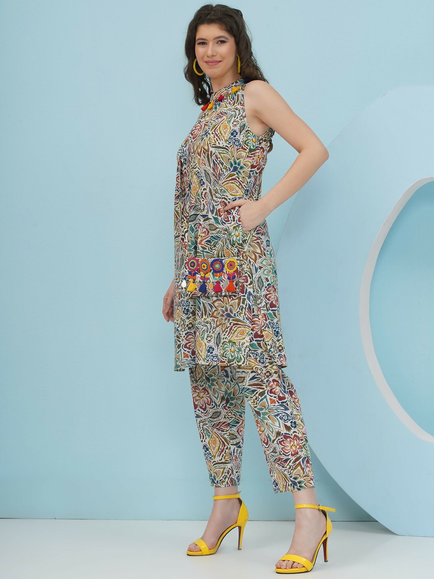 Joban Fashion Floral Co Ord Set With Embellished Sling Bag - Multi | Grocsy