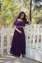Vastranavya Faux Blooming with Beads embroidery-work Gown - Purple | Grocsy