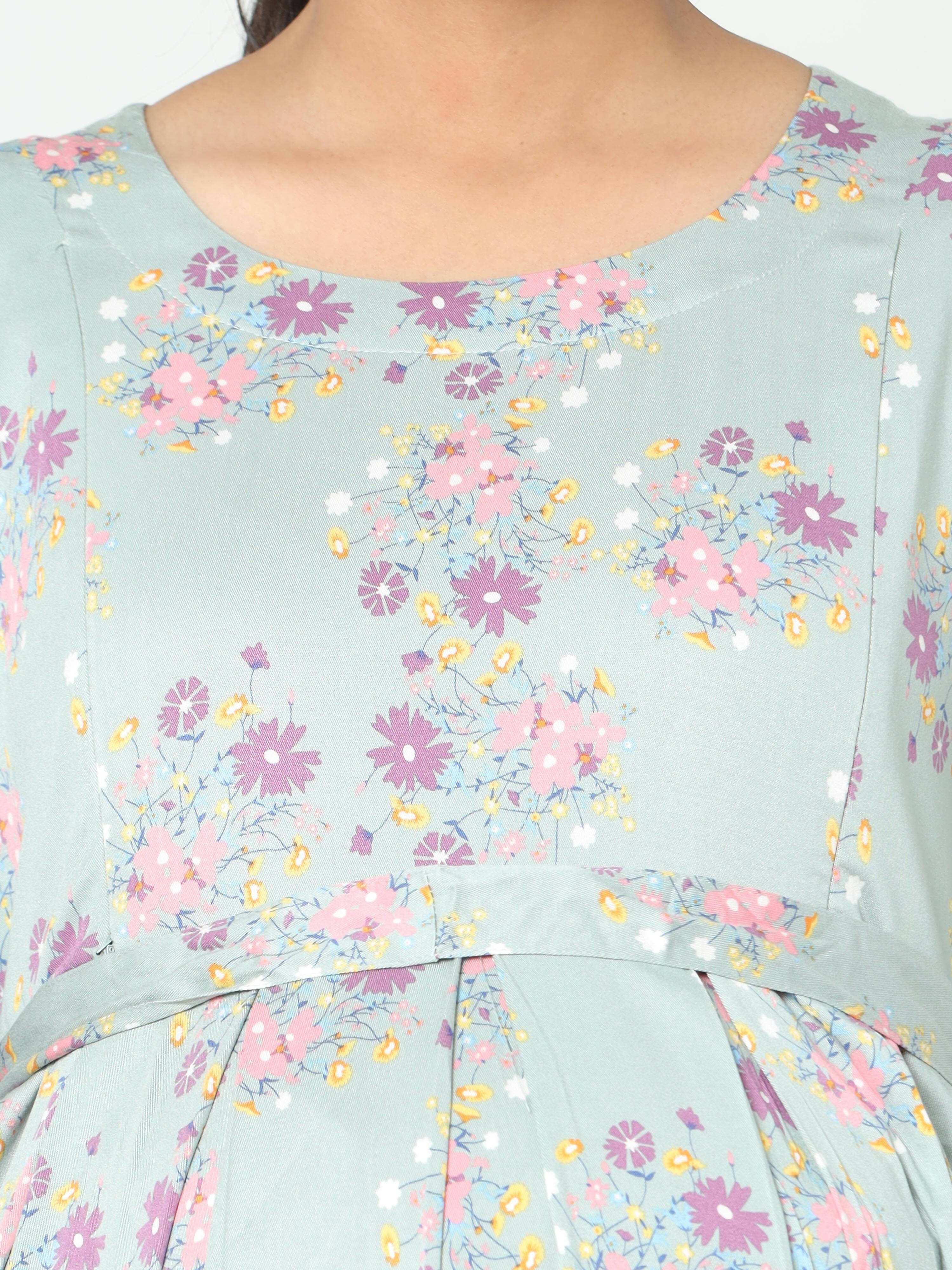 Manet Three Fourth Maternity Dress Pink Floral Print With Concealed Zipper Nursing Access - Green | Grocsy