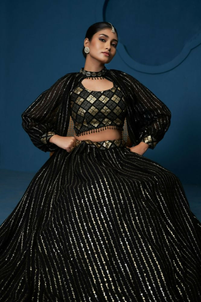 Black Sequence Work Georgette Crop Top Type Full Sleeve Lehenga Choli - Jihu Culture | Grocsy