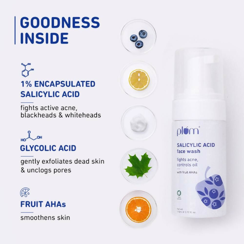 Plum Salicylic Acid Foaming Face Wash - Fights Active Acne & Oil For Smooth Skin | Grocsy