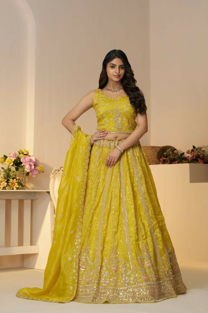 Kesar Fab Yellow Jimmy Choo Hand_Woven Lehenga | Grocsy