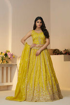 Kesar Fab Yellow Jimmy Choo Hand_Woven Lehenga | Grocsy