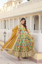 Jyoti Fashion Women's Green Russian Silk Sequins Zari Embroideredy Anarkali Dress with Dupatta | Grocsy