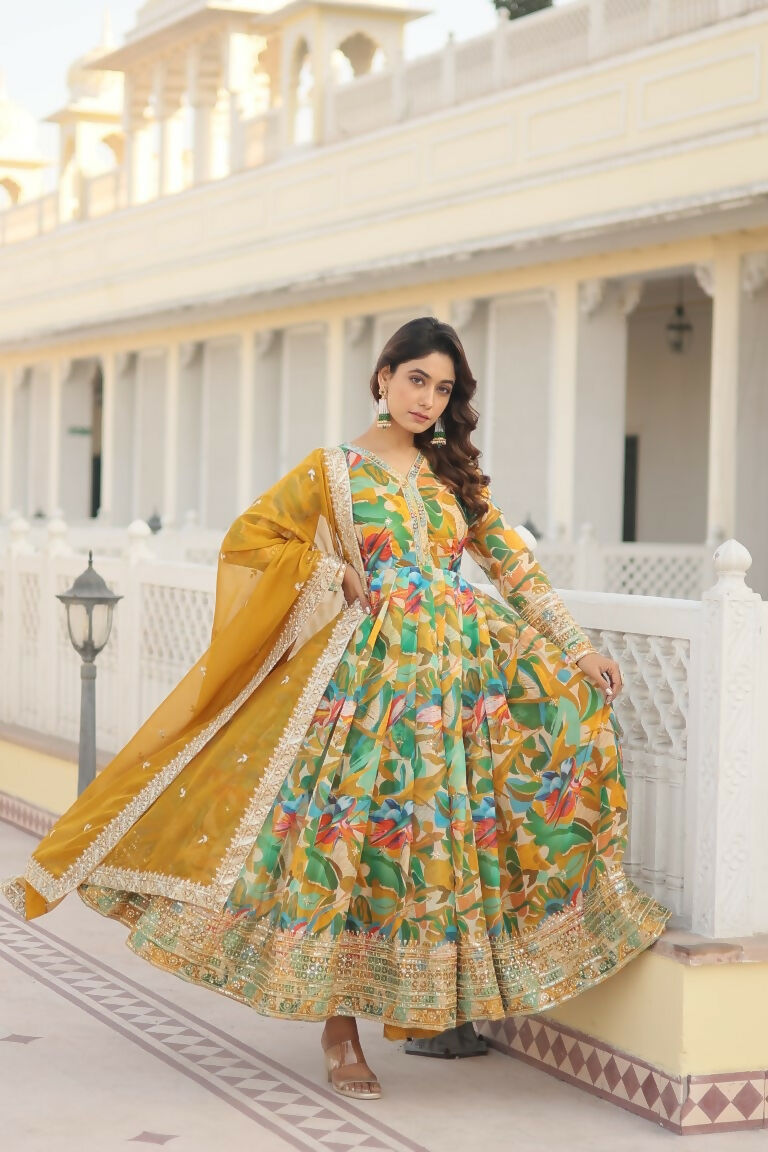 Jyoti Fashion Women's Green Russian Silk Sequins Zari Embroideredy Anarkali Dress with Dupatta | Grocsy
