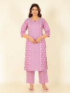 Aramya Pink Soft Cotton Floral Print Panelled Kurta Set for Women | Grocsy