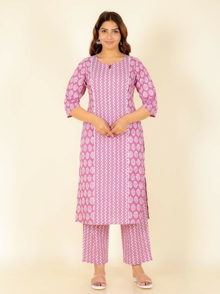 Aramya Pink Soft Cotton Floral Print Panelled Kurta Set for Women | Grocsy