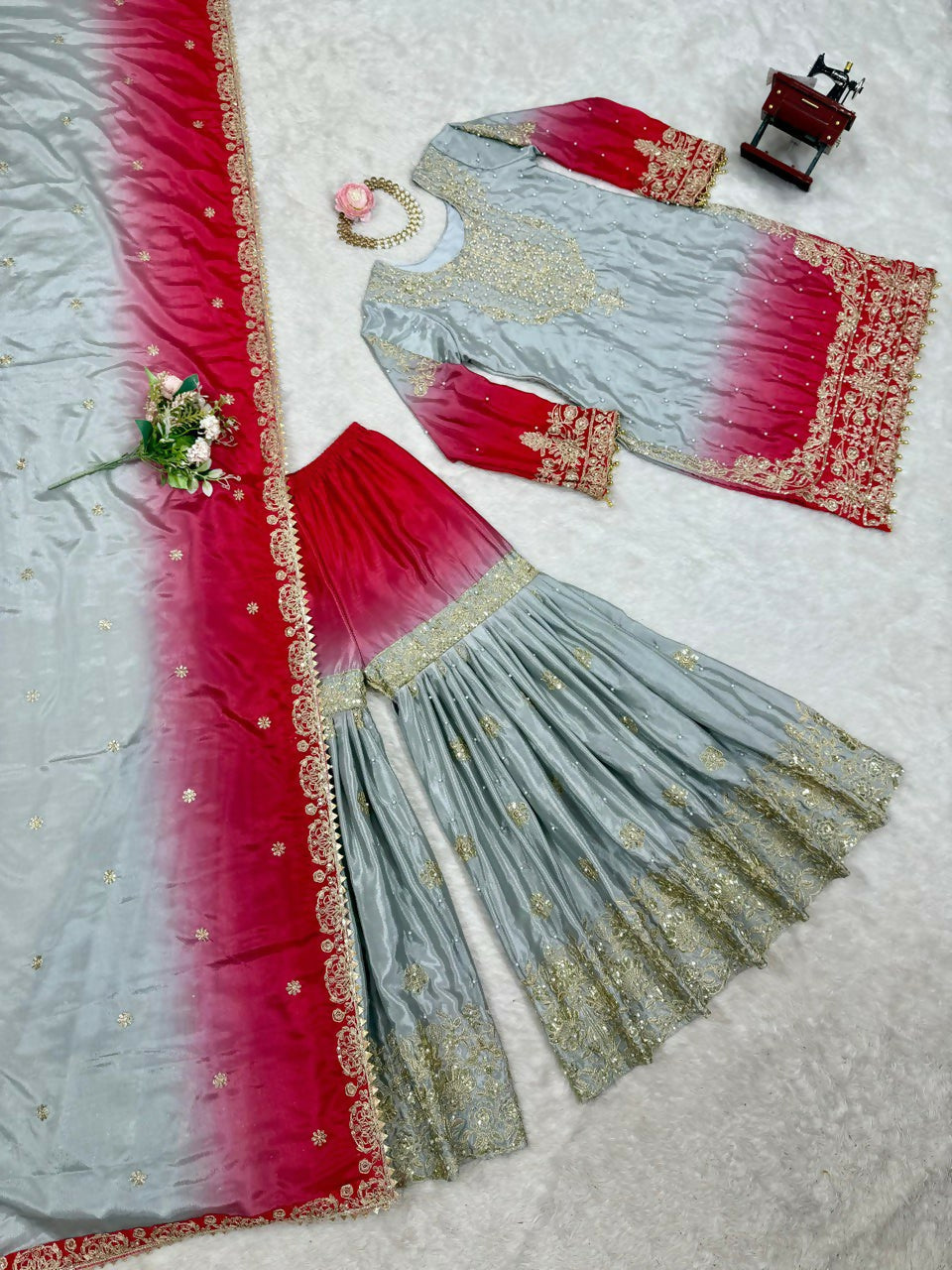 The52 Women's Beautiful Chinon silk Fabric Embroidery Work Straight Kurta Palazzo and Dupatta Set | Grocsy
