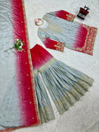 The52 Women's Beautiful Chinon silk Fabric Embroidery Work Straight Kurta Palazzo and Dupatta Set | Grocsy