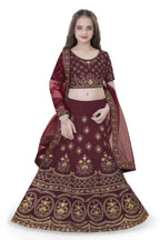 Dwiden Maroon Lehriyu Tafetta Sattin Semi-Stitched Girl's Lehenga Choli | Grocsy