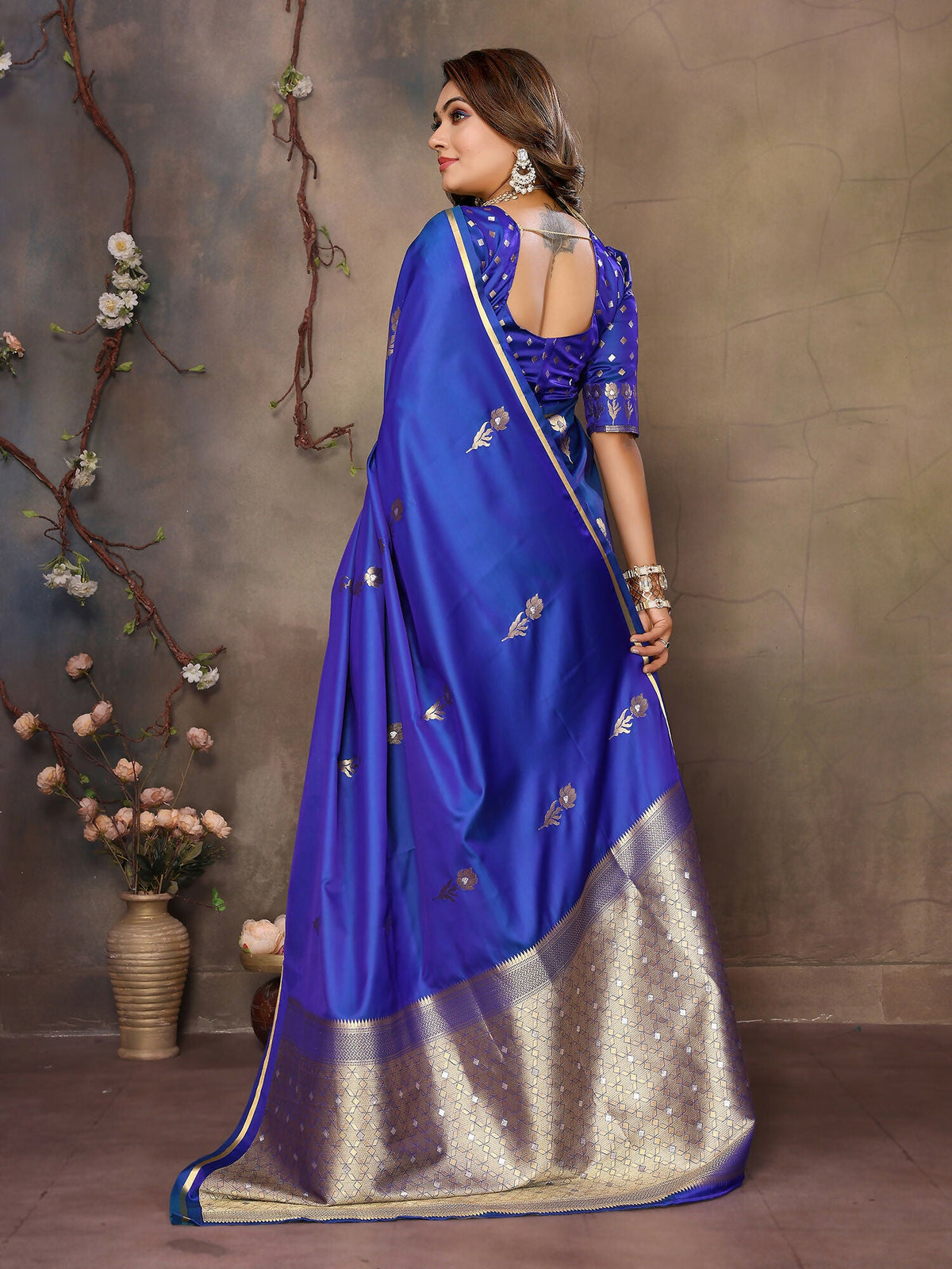 Joban Fashion Royal Blue Floral & Botanical Motifs Satin Silk Banarasi Silk Saree | Grocsy