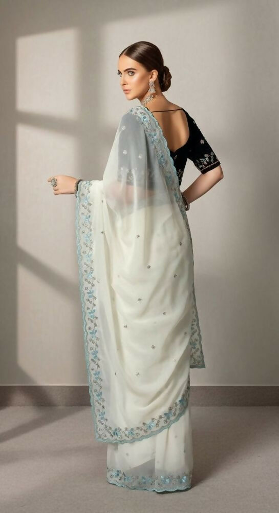 Joban Fashion Off White Faux Georgette Party Wear Sarees | Grocsy