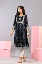 Juniper Women Indigo Rayon Printed A-Line Kurta | Grocsy