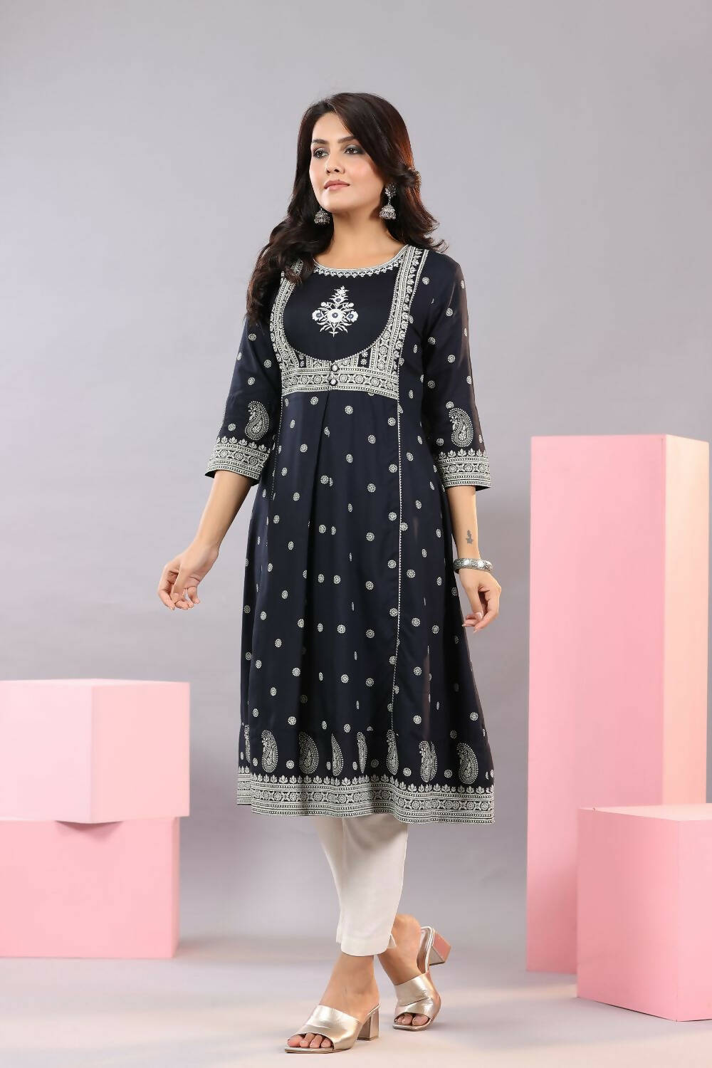 Juniper Women Indigo Rayon Printed A-Line Kurta | Grocsy