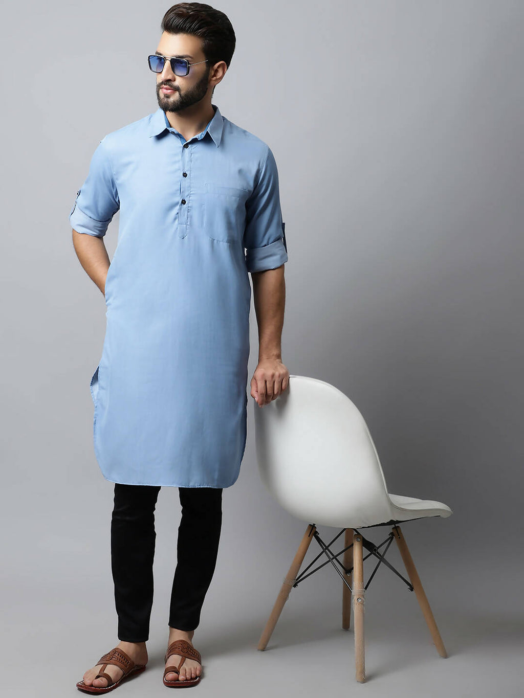 Even Apparels sky Blue Color Pure Cotton Solid Men's Kurta With Shirt Collar (MMS503) | Grocsy