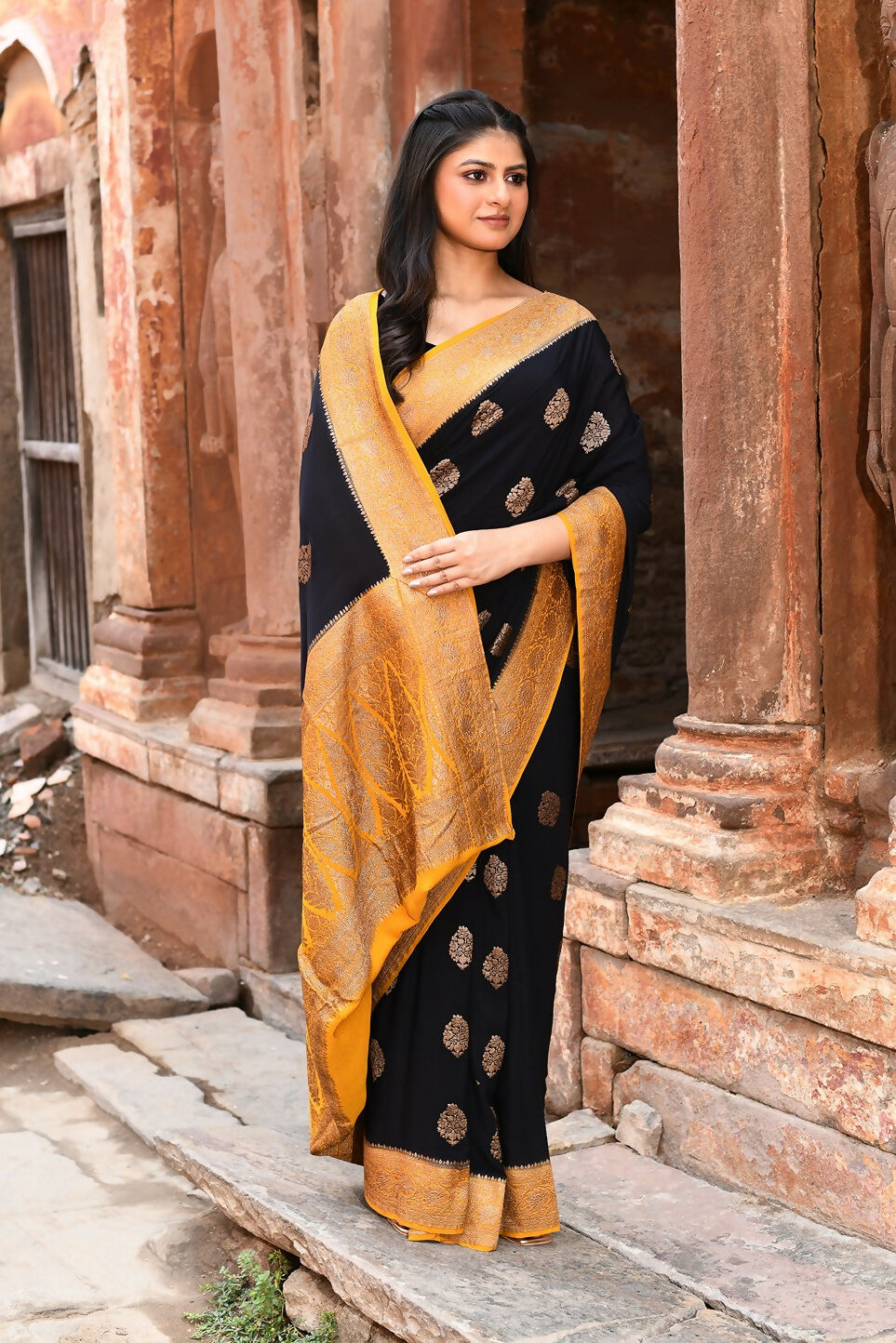 Joban Fashion Black Crepe Chiffon Pure Handloom Banarasi Silk Saree | Grocsy