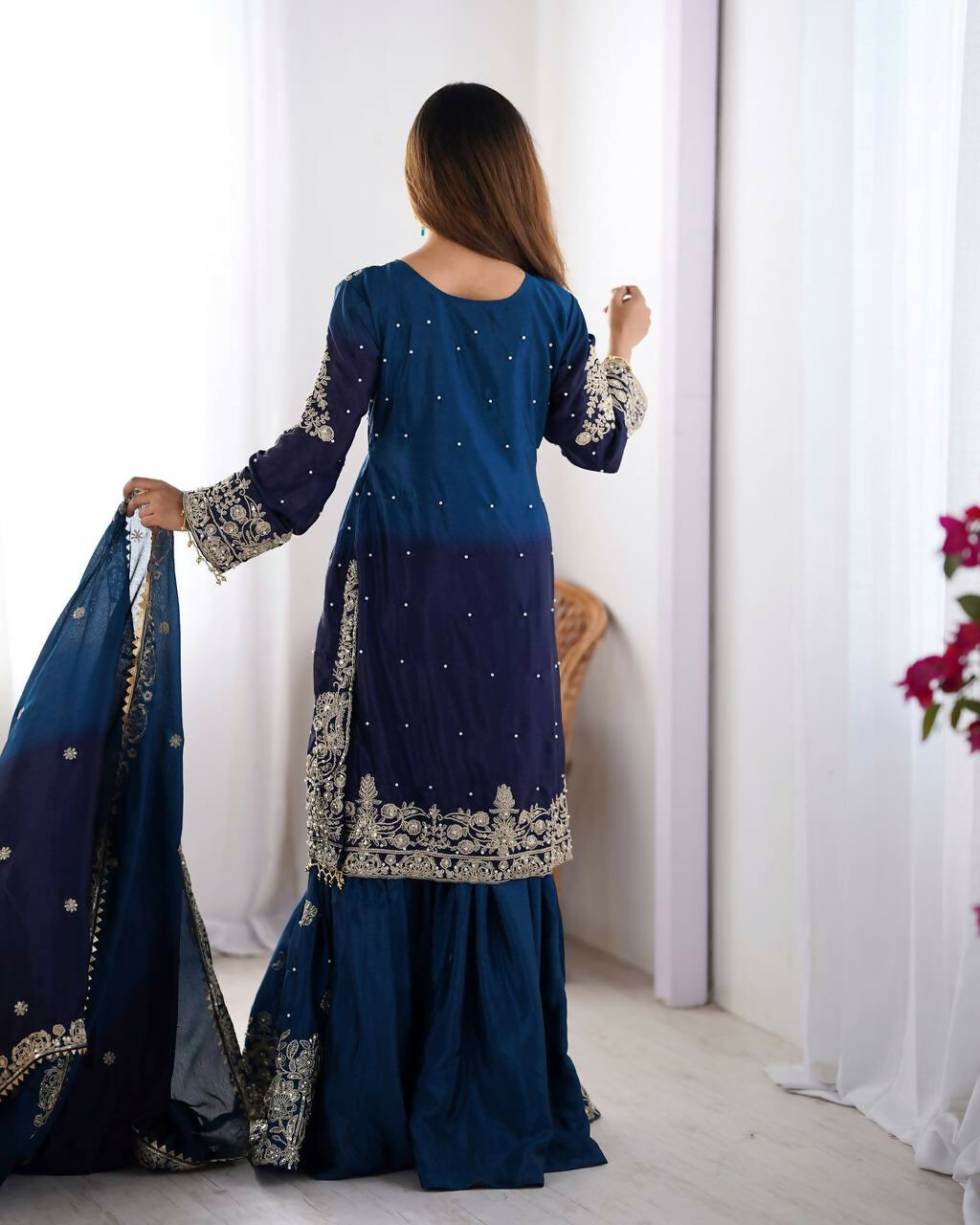 The52 Women's Beautiful Chinon silk Fabric Embroidery Work Straight Kurta Palazzo and Dupatta Set | Grocsy