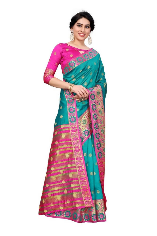 Vamika Cotton Rich Silk With Jacquard Weaving Rama Green Saree | Grocsy