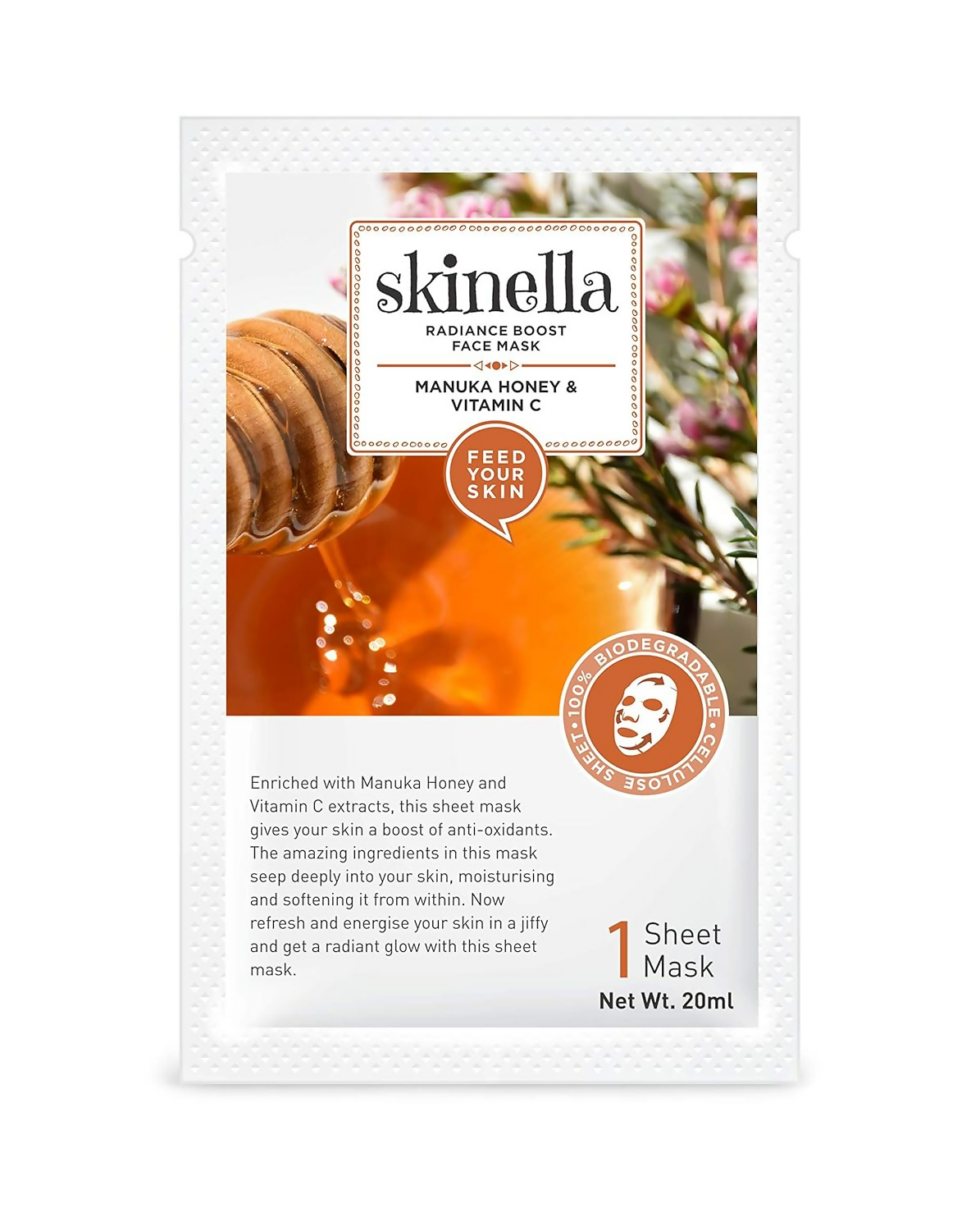 Skinella Radiance Boost Face Sheet Mask - Manuka Honey & Vitamin C | Grocsy