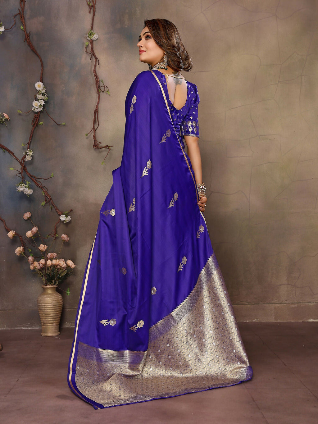 Joban Fashion Indigo Blue Floral & Botanical Motifs Satin Silk Banarasi Silk Saree | Grocsy