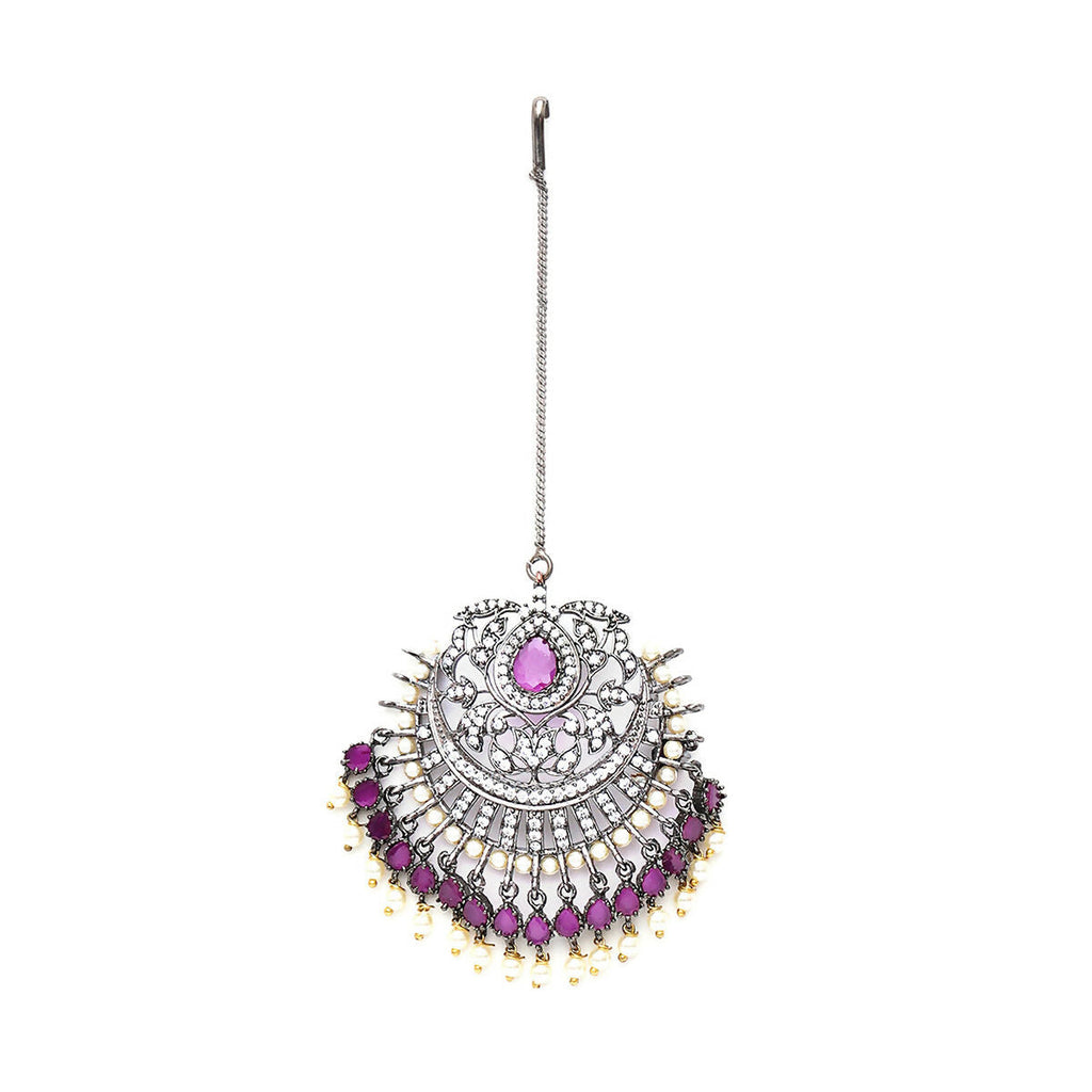 Oversized Diamond & Maroon Stone Maang Tikka- Ruby Raang | Grocsy