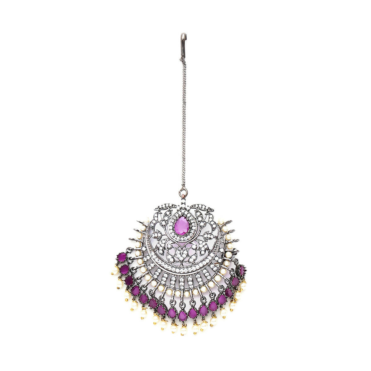 Oversized Diamond & Maroon Stone Maang Tikka- Ruby Raang | Grocsy