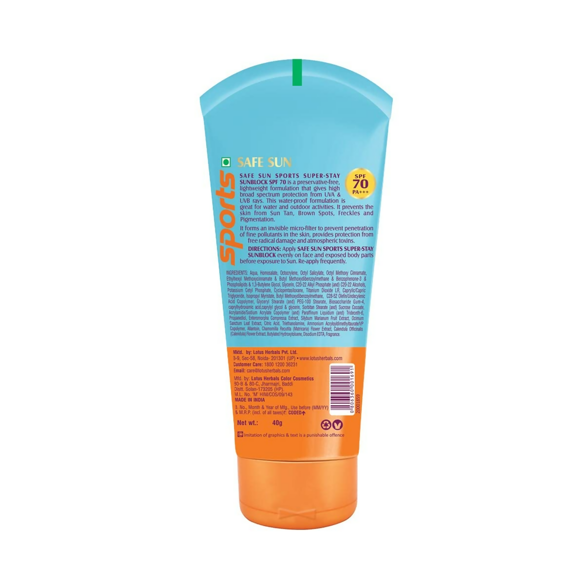 Lotus Herbals Safe Sun Sports Super Stay Sunscreen Cream SPF 70 PA+++ | Grocsy