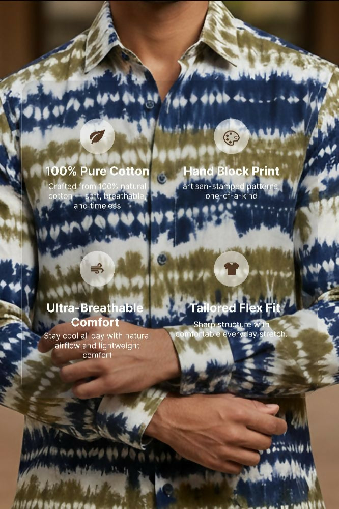 Grove — Olive Indigo Shibori Cotton Shirt by Hilo Design | Grocsy