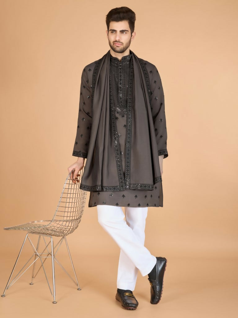 Vastranavya Brown Exclusive Festival Wear Viscose Silk Thread with Sequence Embroidered Work Kurta with Dupatta | Grocsy